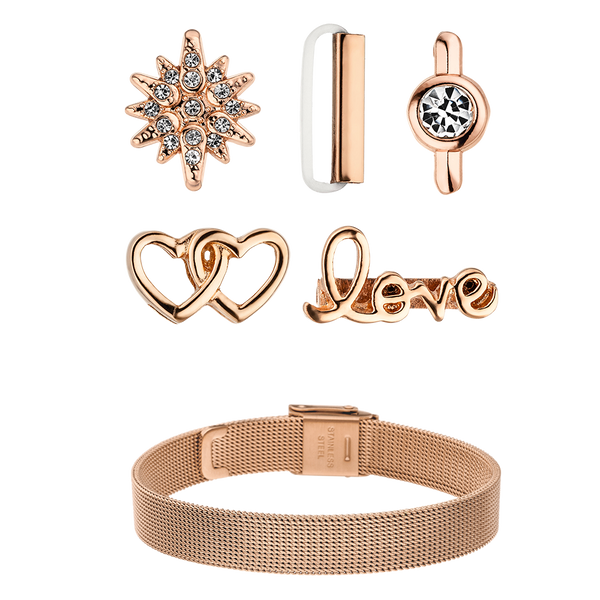 Buy Love mesh strap set with 5 charms in rose gold